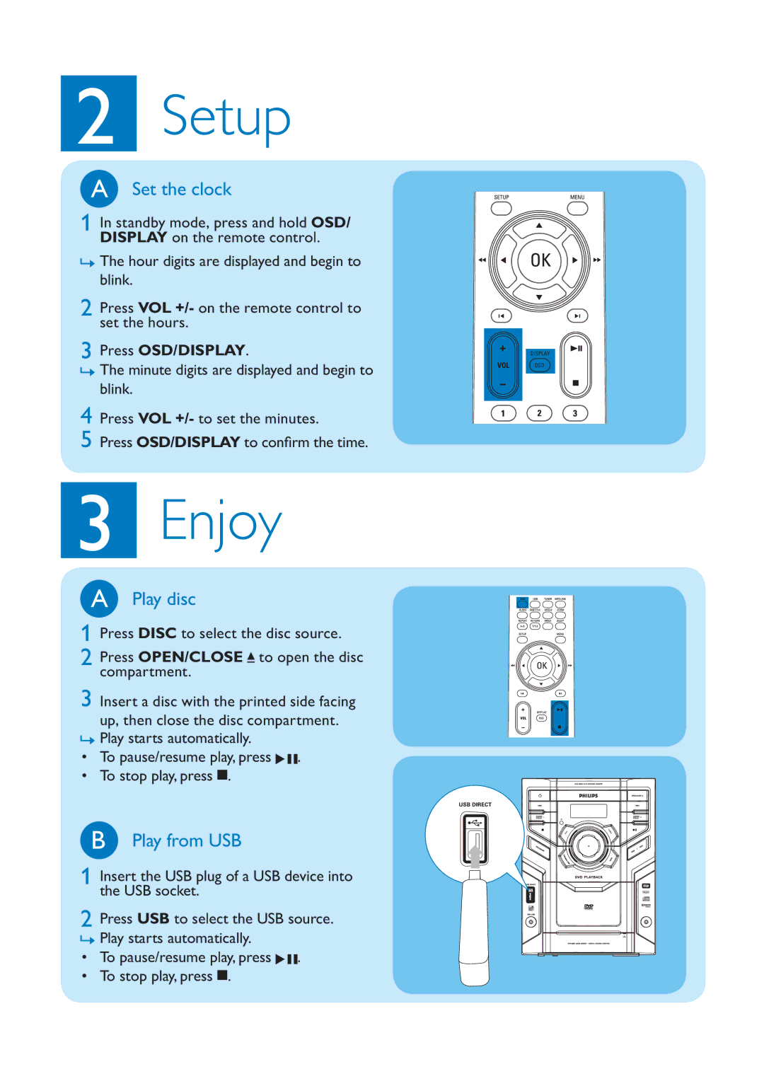 Philips FWD197/98 quick start Setup, Enjoy, Set the clock, Play disc, Play from USB 