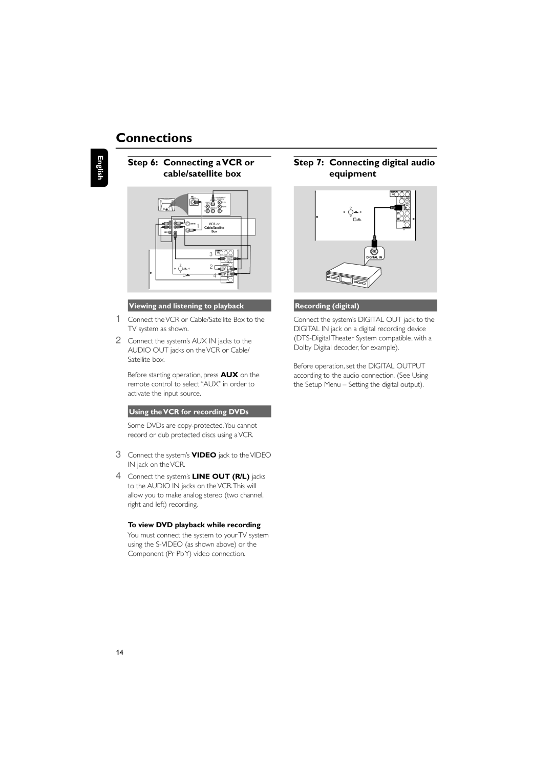 Philips FWD39/ 21 Connecting a VCR or, Cable/satellite box Equipment, Viewing and listening to playback, Recording digital 