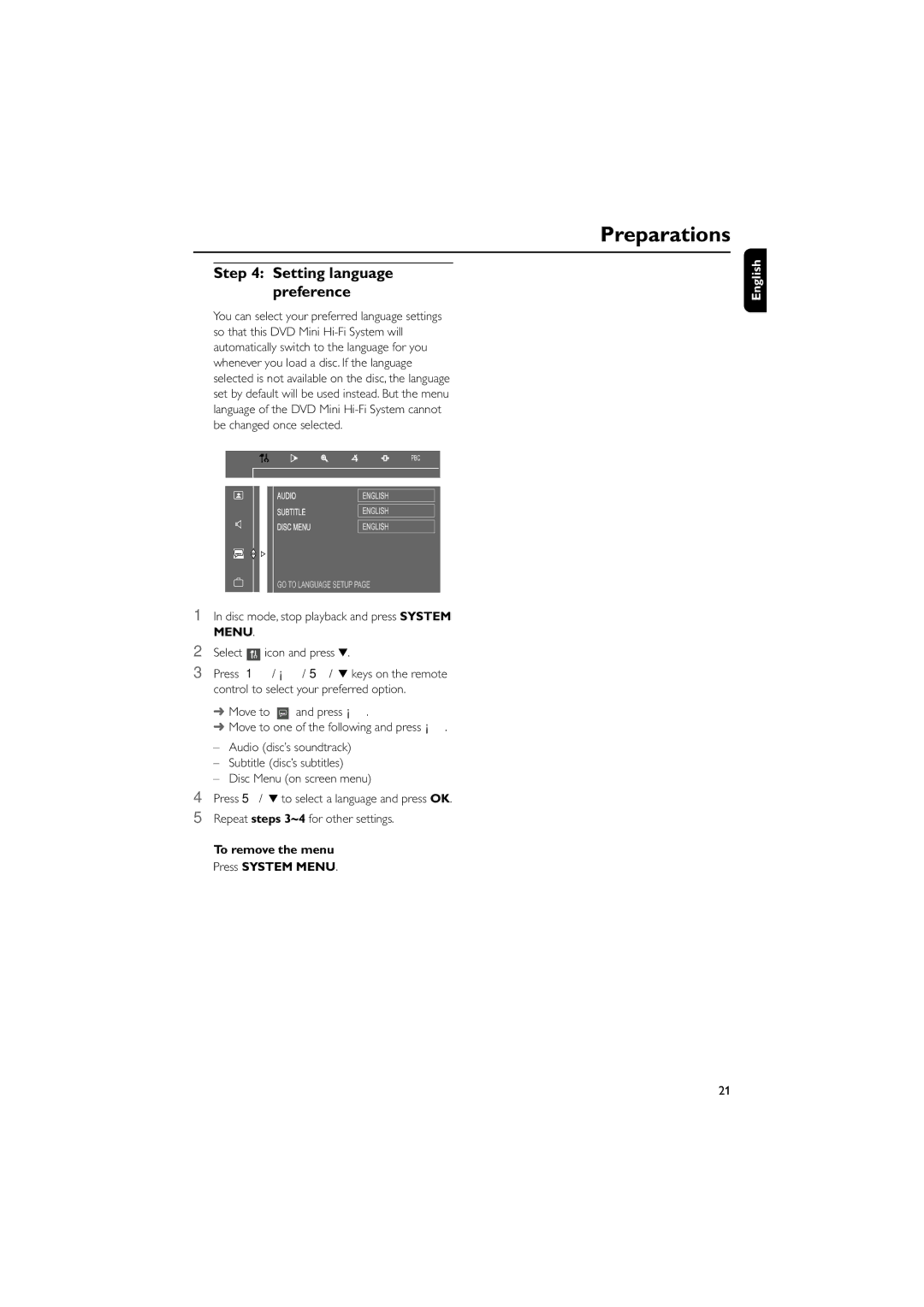 Philips FWD39/ 21 manual Setting language preference 