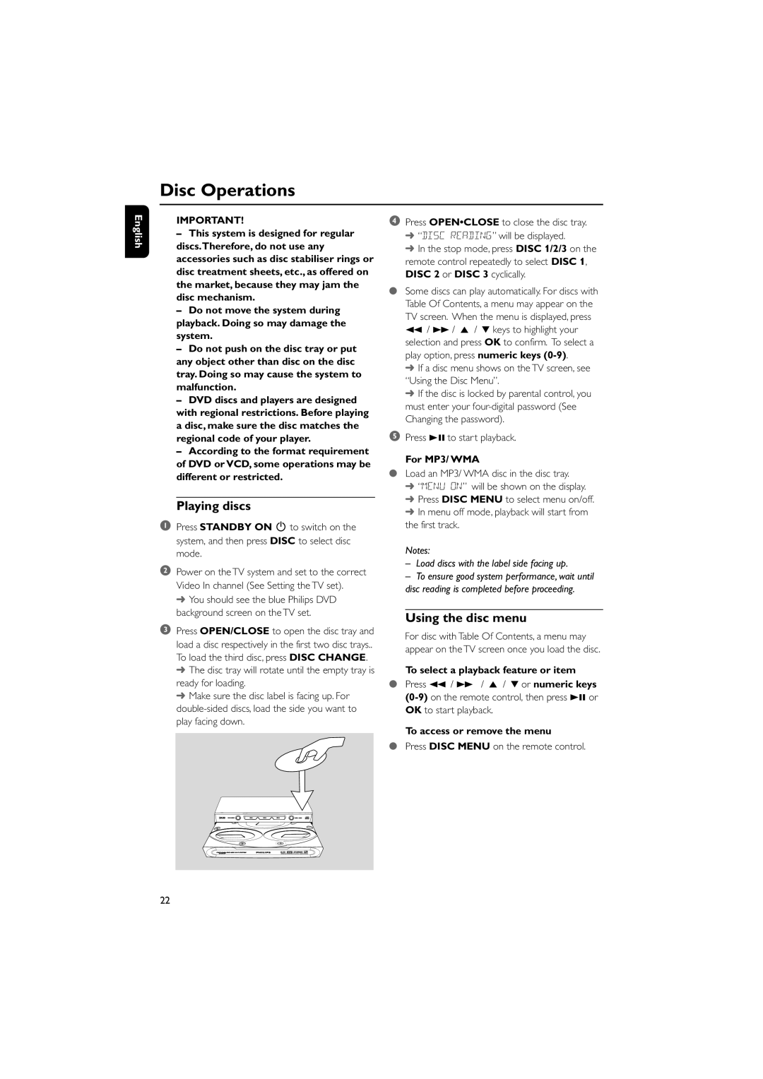 Philips FWD39/ 21 manual Disc Operations, Playing discs, Using the disc menu, For MP3/ WMA 