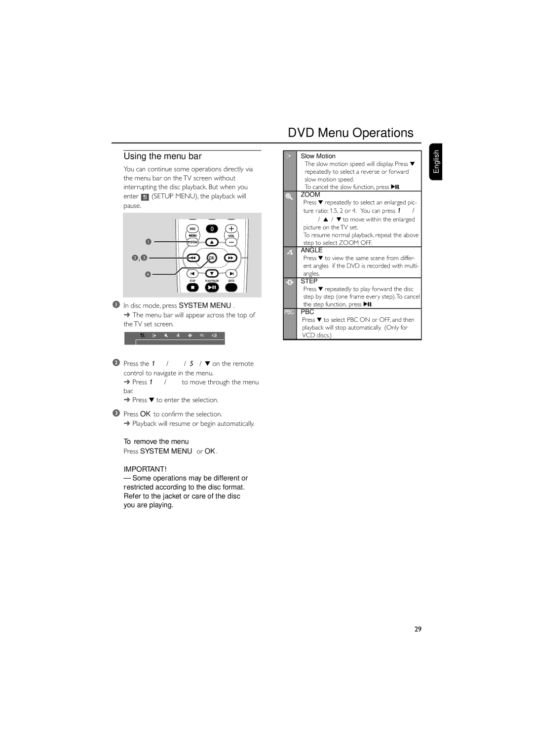 Philips FWD39/ 21 manual DVD Menu Operations, Using the menu bar 