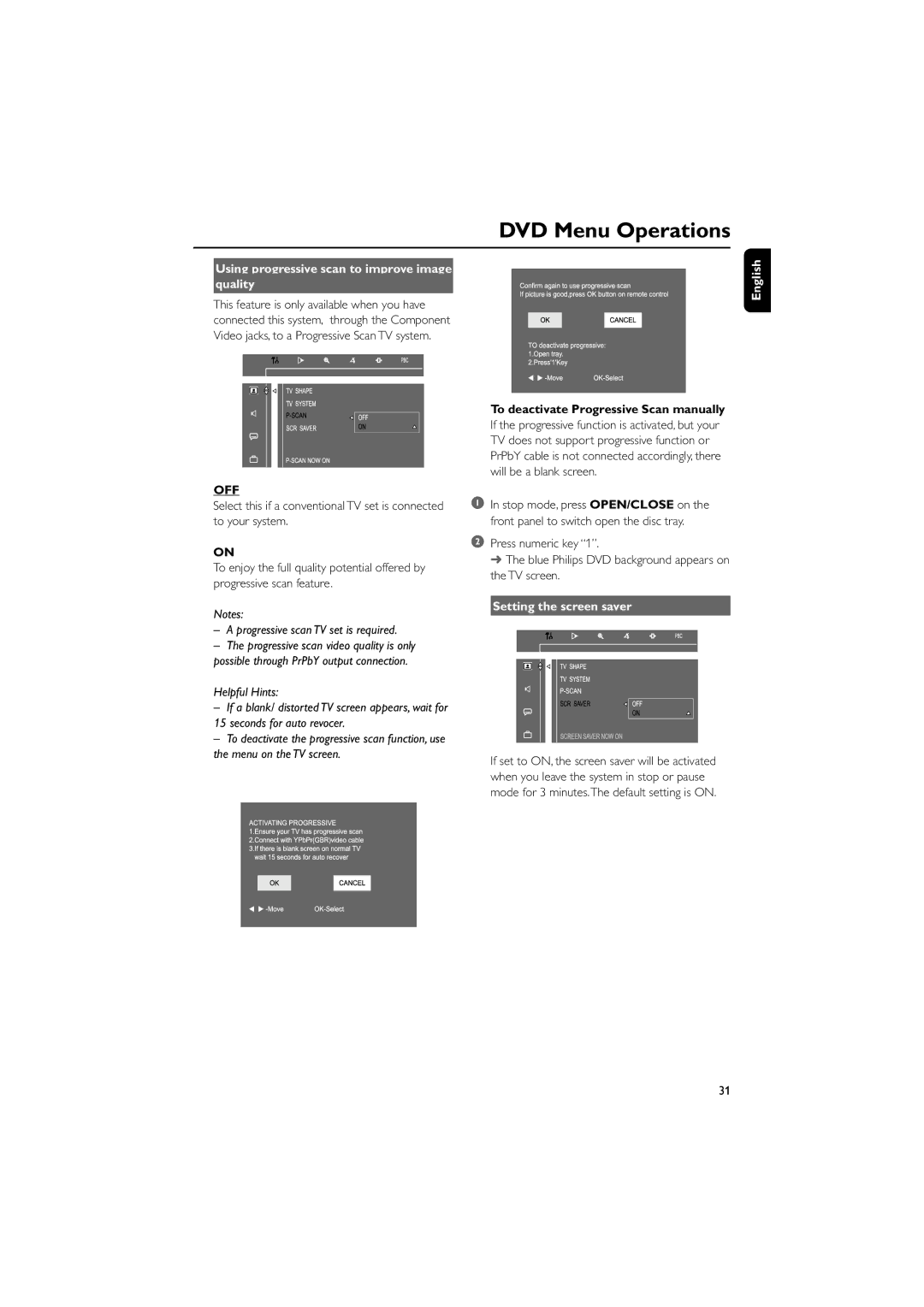 Philips FWD39/ 21 Quality, Off, To deactivate Progressive Scan manually, Setting the screen saver 