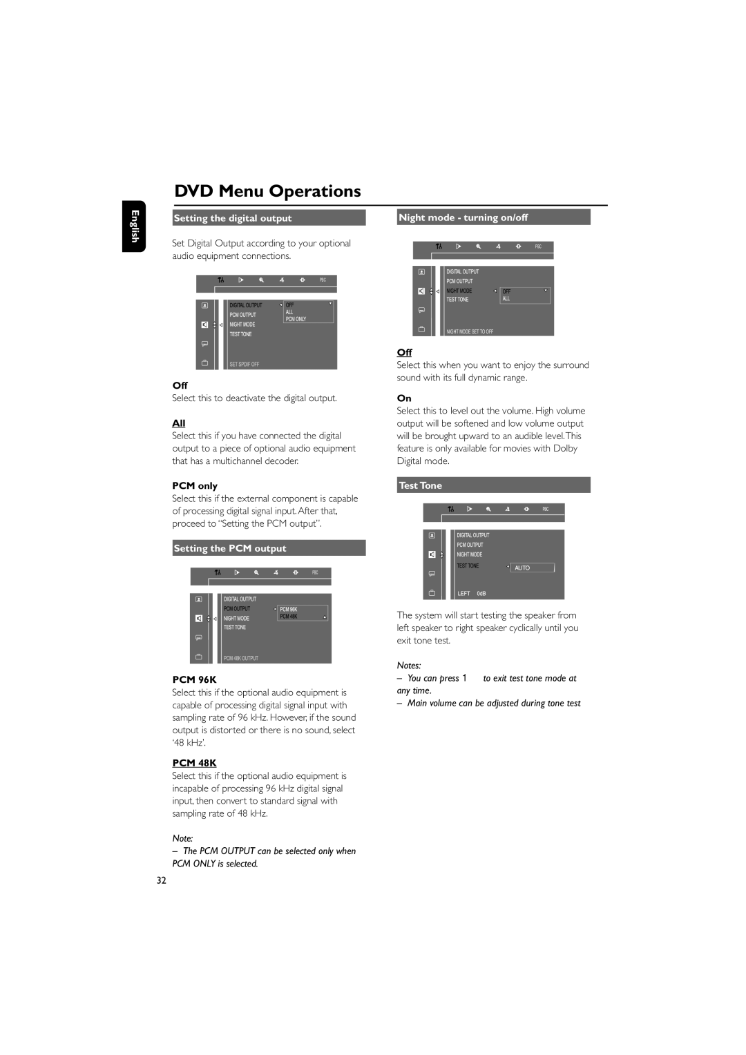 Philips FWD39/ 21 manual Setting the digital output, Setting the PCM output, Test Tone, PCM 96K, PCM 48K 