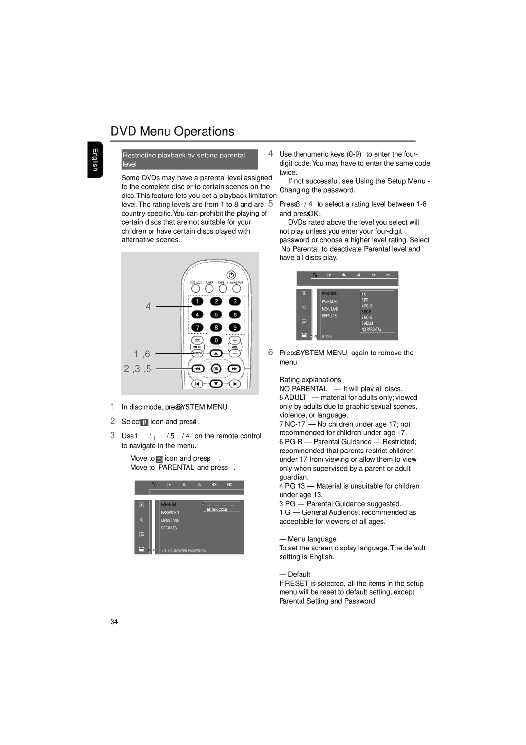 Philips FWD39/ 21 English Restricting playback by setting parental Level, Rating explanations, Menu language, Default 