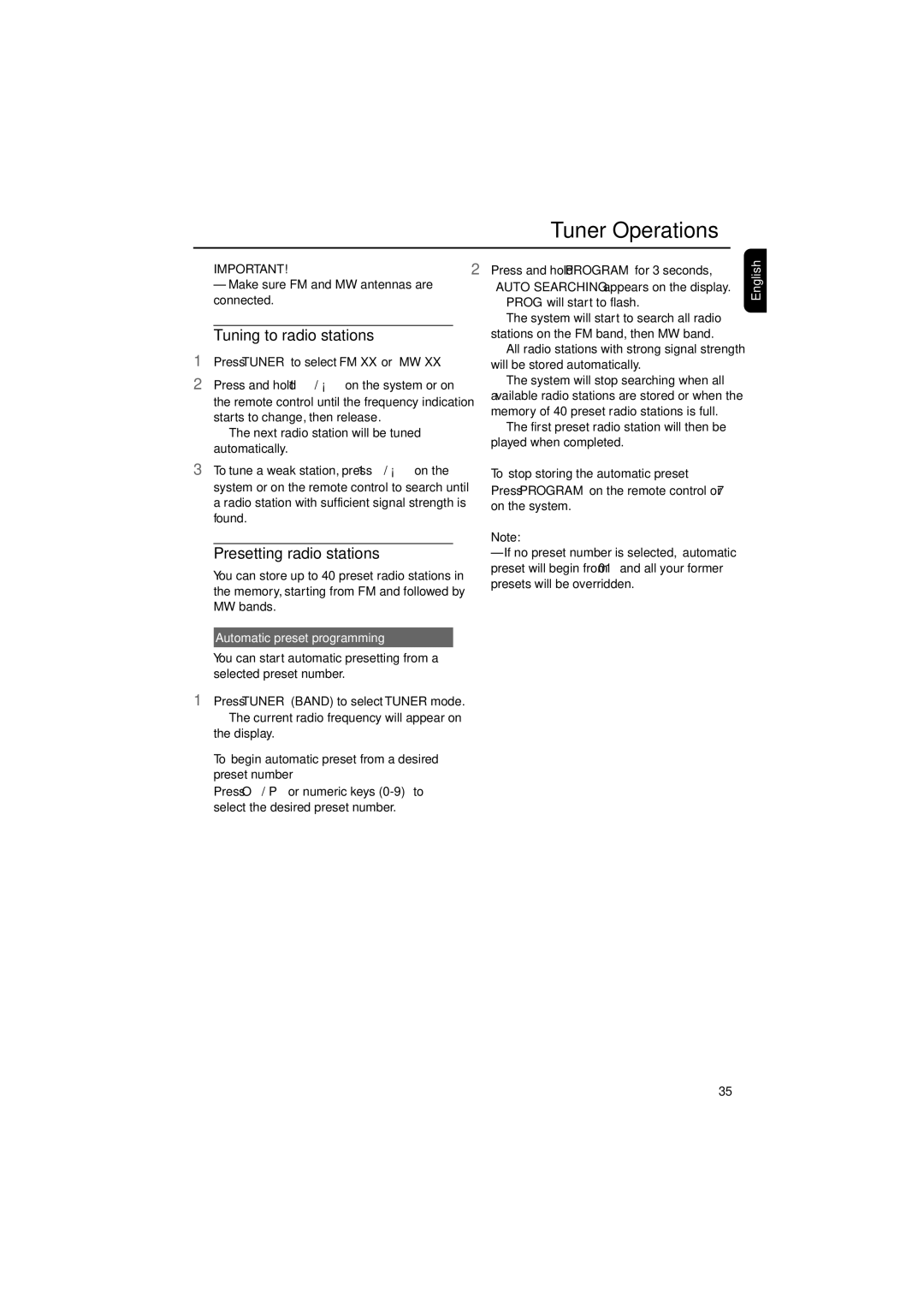 Philips FWD39/ 21 manual Tuner Operations, To stop storing the automatic preset 