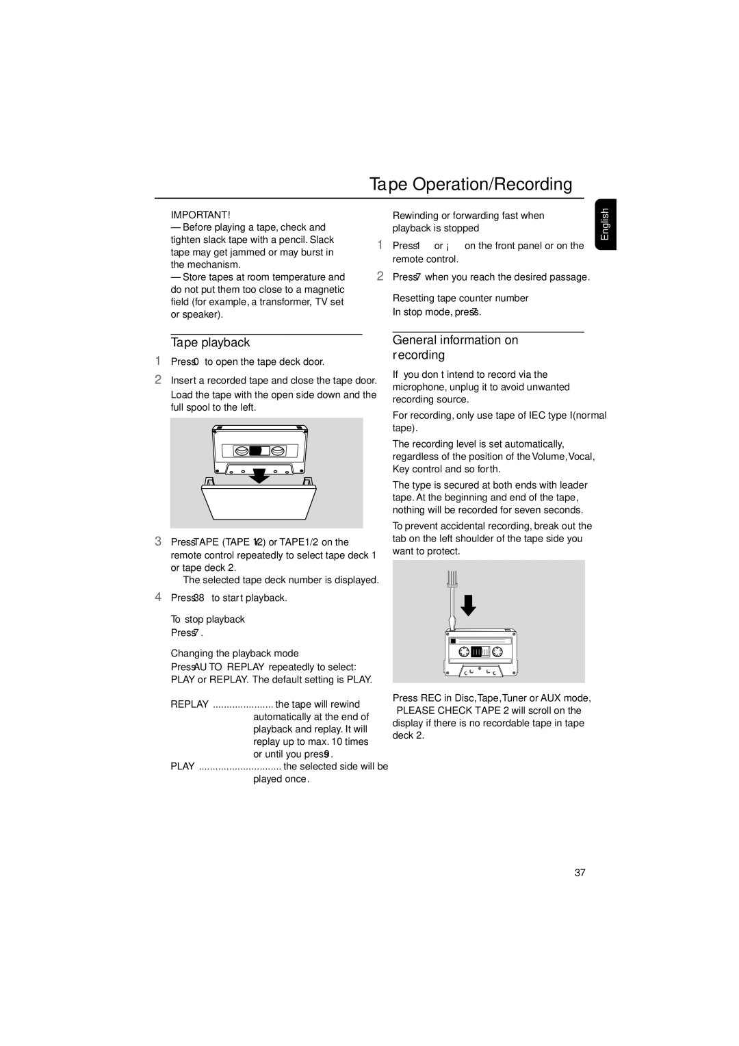 Philips FWD39/ 21 Tape Operation/Recording, Tape playback, General information on recording, Resetting tape counter number 