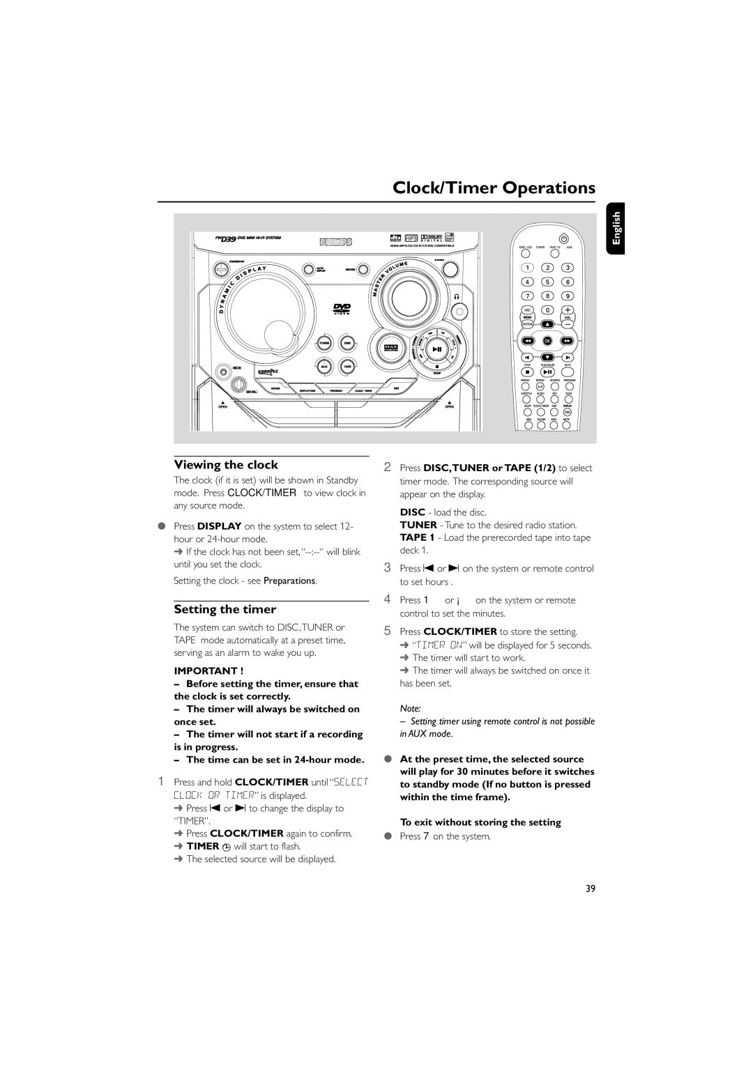 Philips FWD39/ 21 manual Clock/Timer Operations, Viewing the clock, Setting the timer, To exit without storing the setting 