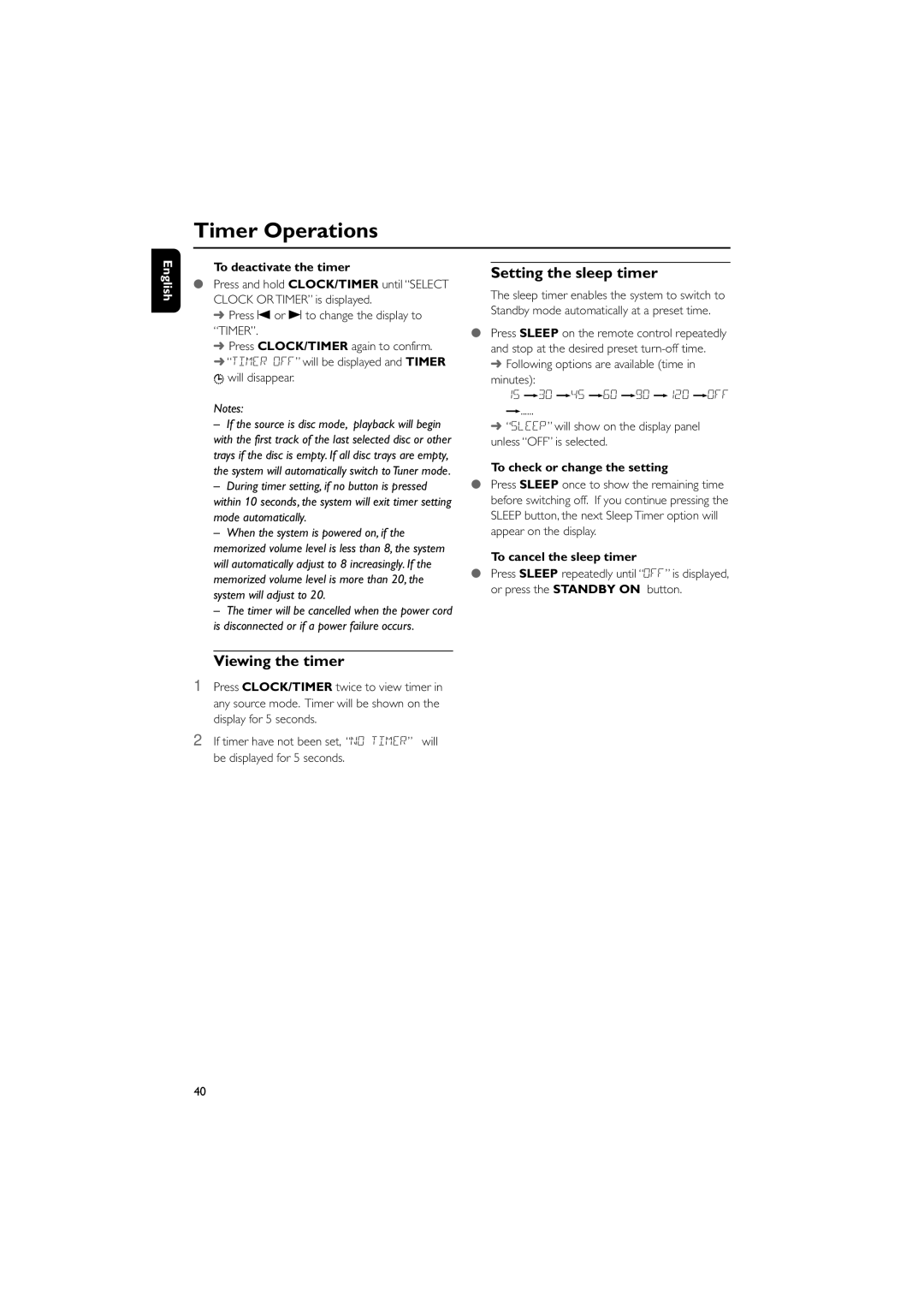 Philips FWD39/ 21 manual Timer Operations, Setting the sleep timer, Viewing the timer 