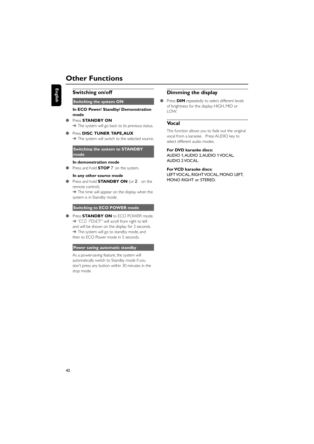 Philips FWD39/ 21 manual Other Functions, Switching on/off, Dimming the display, Vocal 