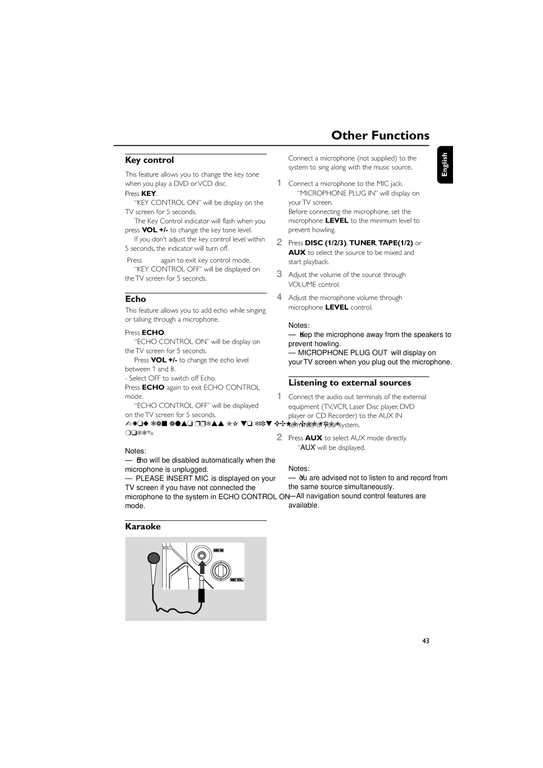 Philips FWD39/ 21 Key control, Echo, Listening to external sources, Karaoke, Press KEY again to exit key control mode 