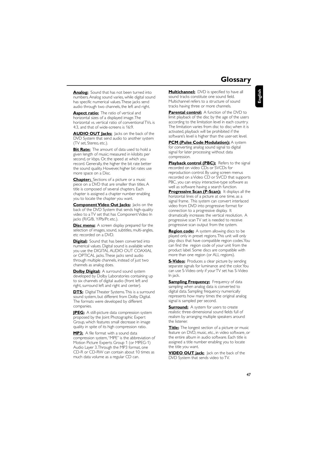 Philips FWD39/ 21 manual Glossary, English 