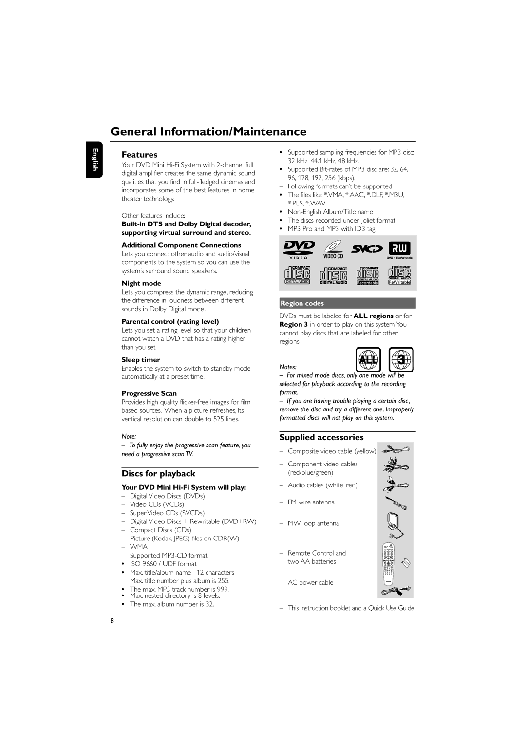 Philips FWD39/ 21 manual General Information/Maintenance, Features, Discs for playback, Supplied accessories, Region codes 