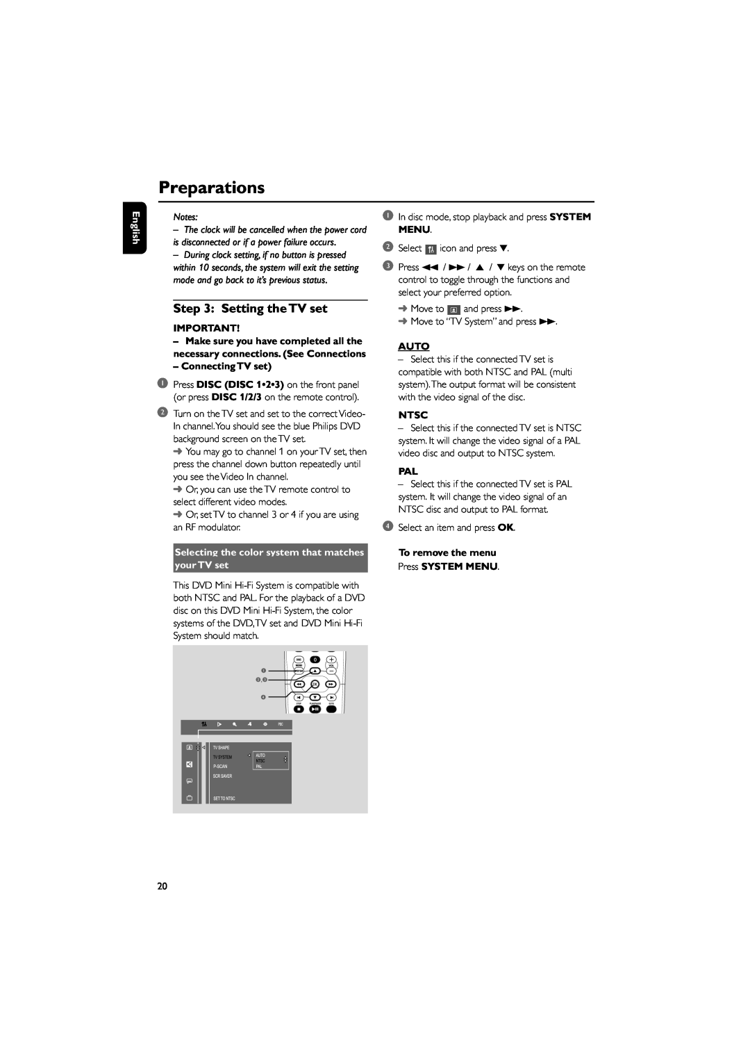 Philips FWD39/ 21 Preparations, English, Connecting TV set, your TV set, Auto, Ntsc, To remove the menu Press SYSTEM MENU 