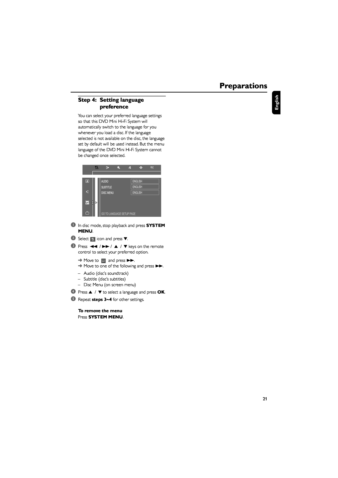 Philips FWD39/ 21 manual Preparations, Setting language preference, English 