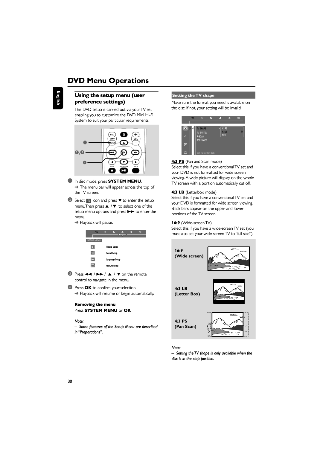Philips FWD39/ 21 DVD Menu Operations, English, 2,3 4, Removing the menu Press SYSTEM MENU or OK, Setting the TV shape 