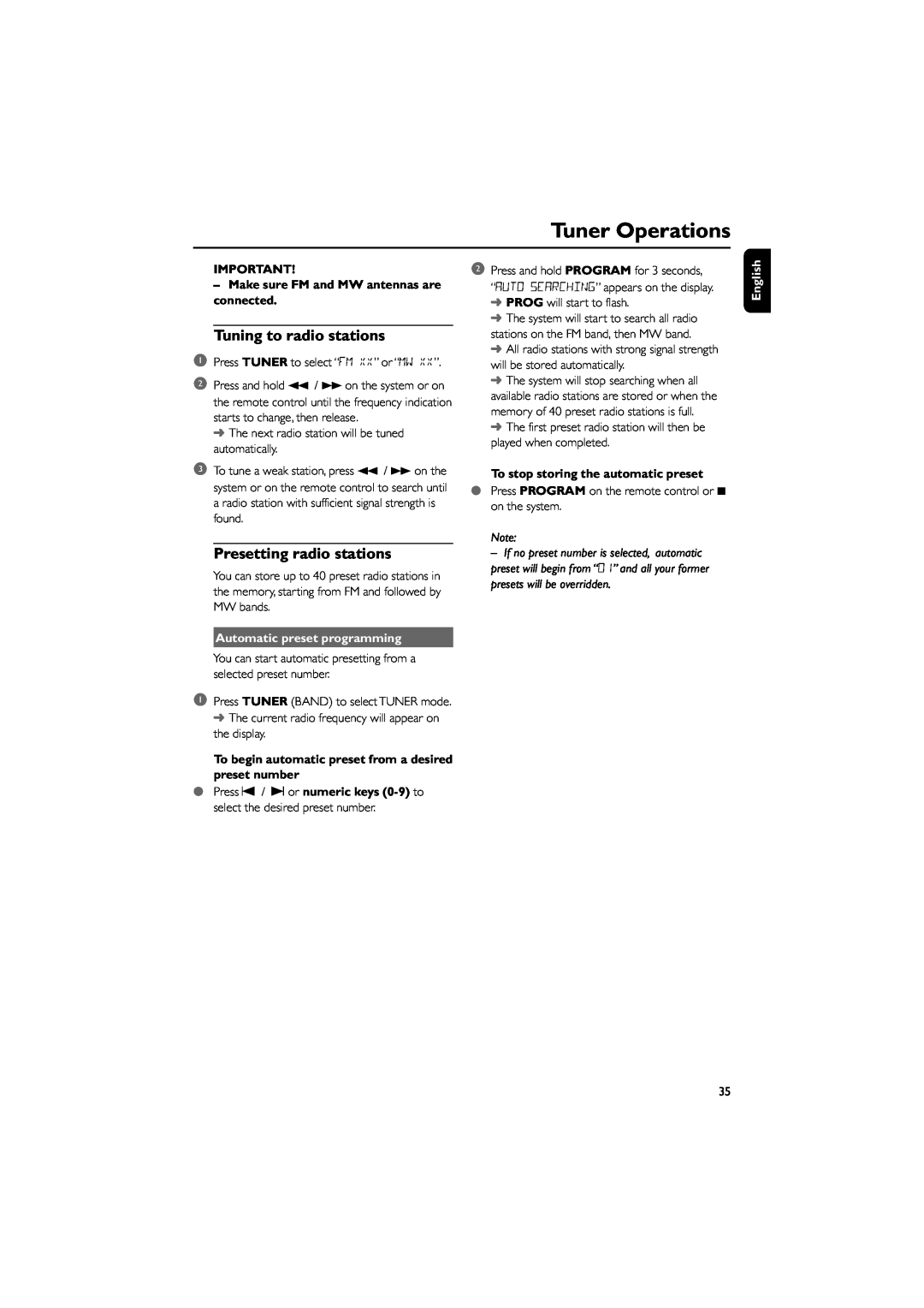 Philips FWD39/ 21 manual Tuner Operations, To stop storing the automatic preset, English 