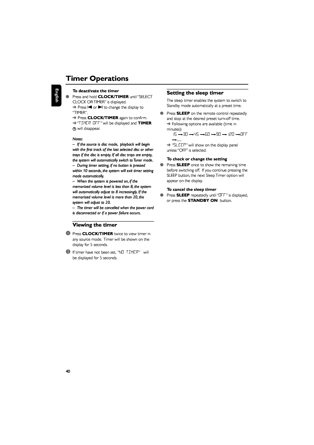 Philips FWD39/ 21 manual Timer Operations, English, To deactivate the timer, To check or change the setting 