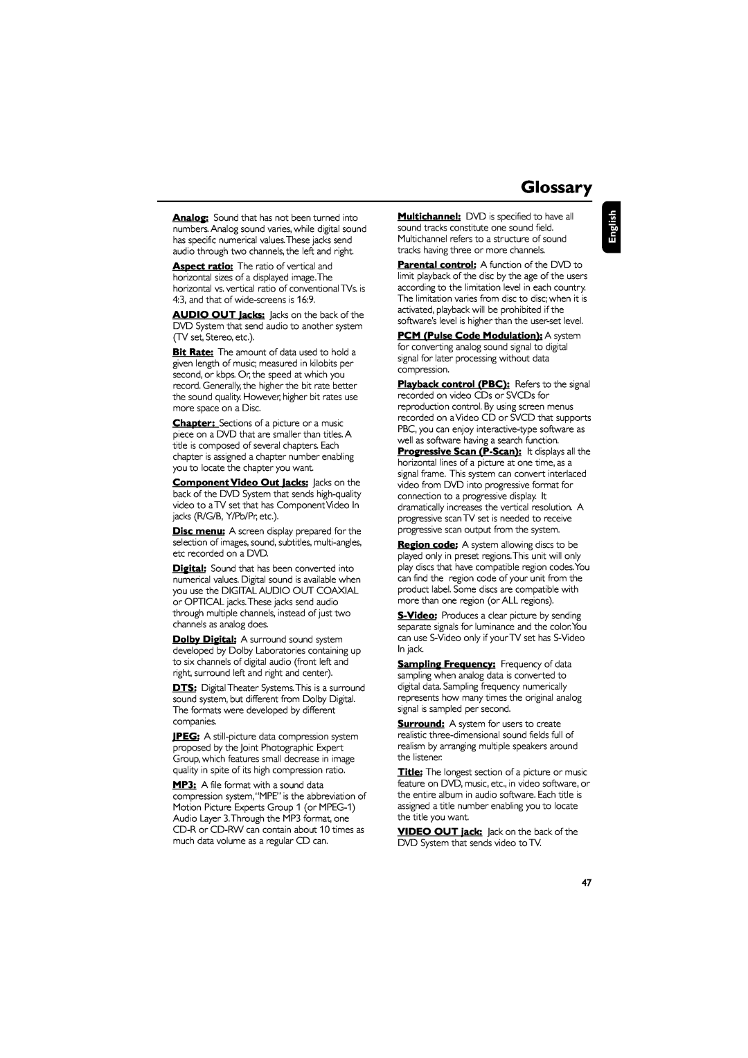 Philips FWD39/ 21 manual Glossary, English 
