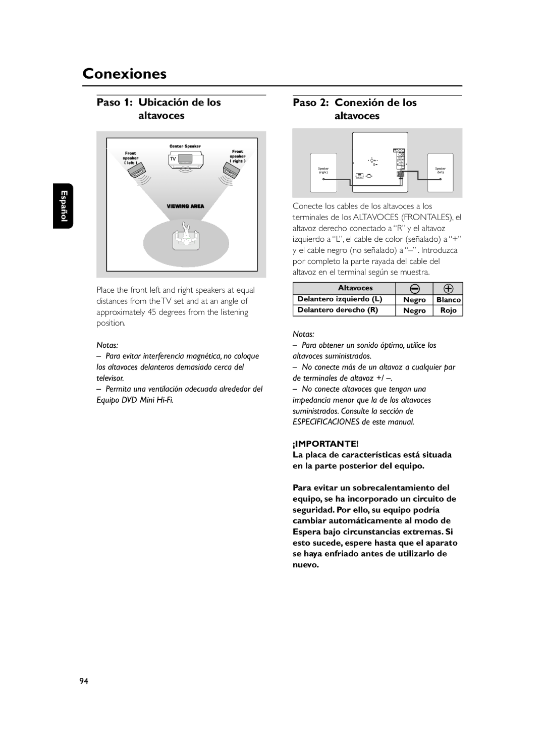 Philips FWD39 manual Conexiones, Paso 1 Ubicación de los, Paso 2 Conexión de los Altavoces, ¡Importante 