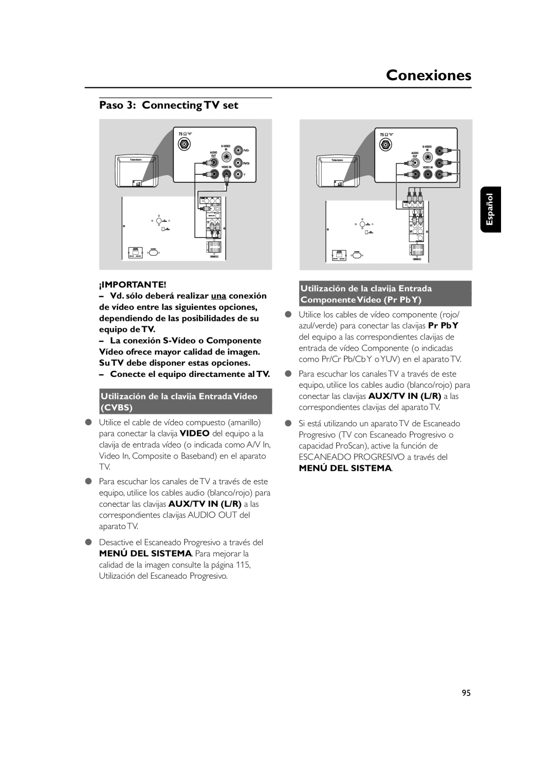 Philips FWD39 manual Paso 3 Connecting TV set, Utilización de la clavija Entrada Vídeo, Menú DEL Sistema 