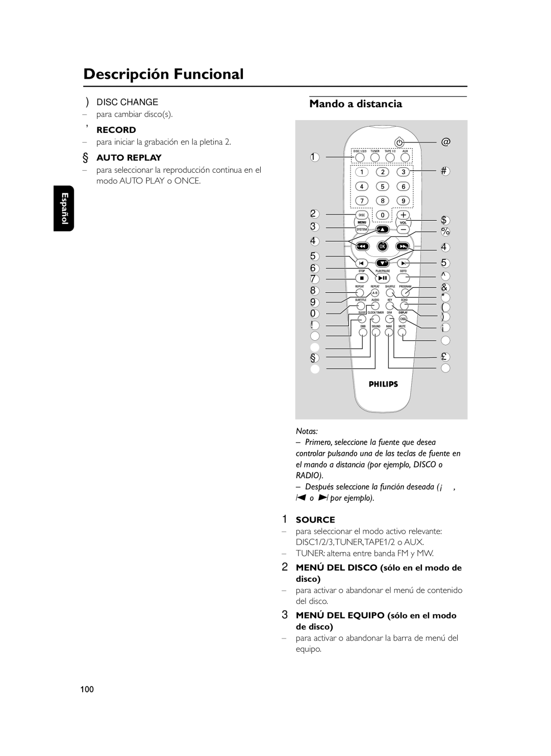 Philips FWD39 manual Mando a distancia, ≤ Disc Change, ∞ Record, § Auto Replay 