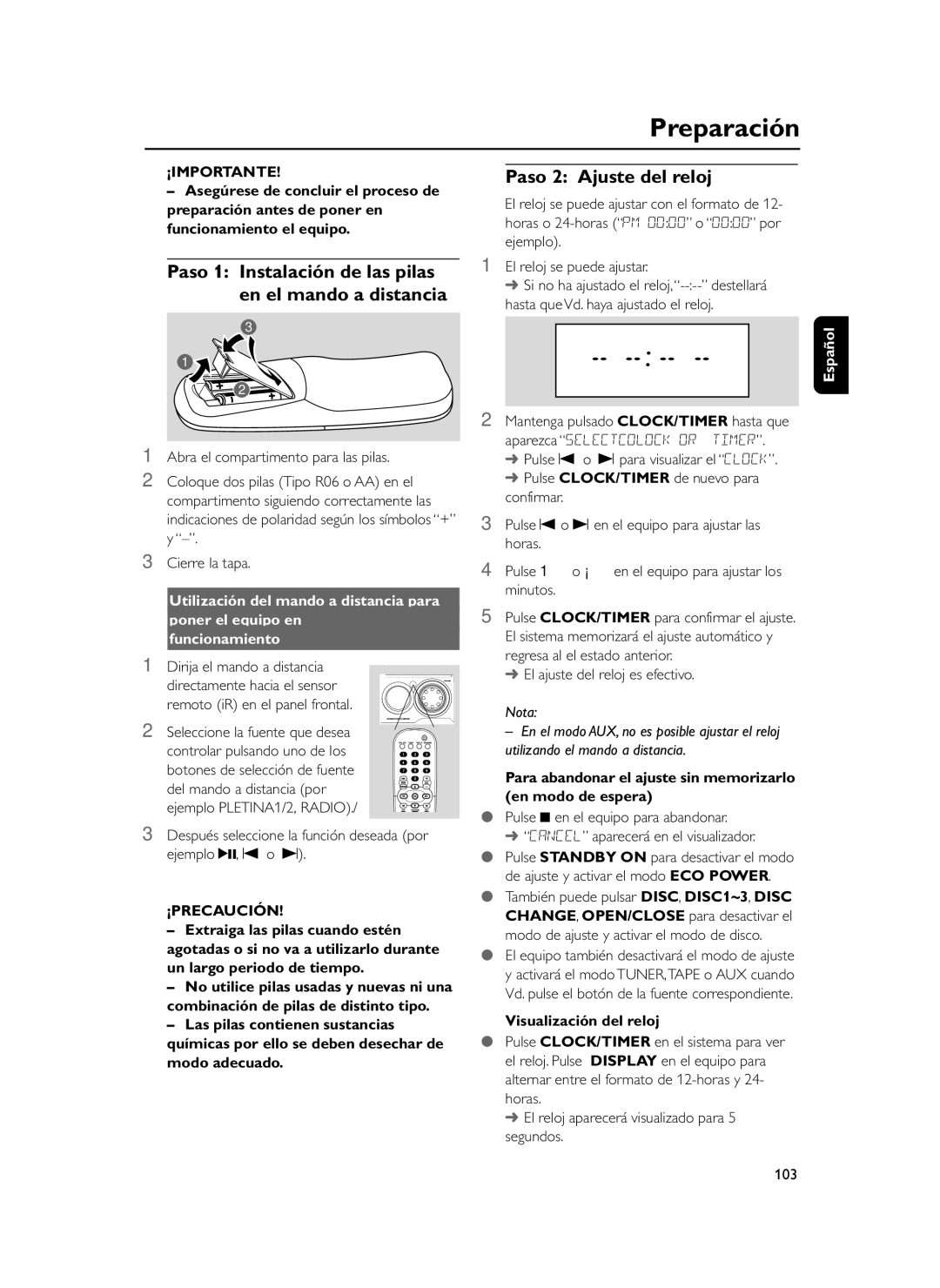 Philips FWD39 manual Preparación, Paso 2 Ajuste del reloj, ¡Precaución, Visualización del reloj 