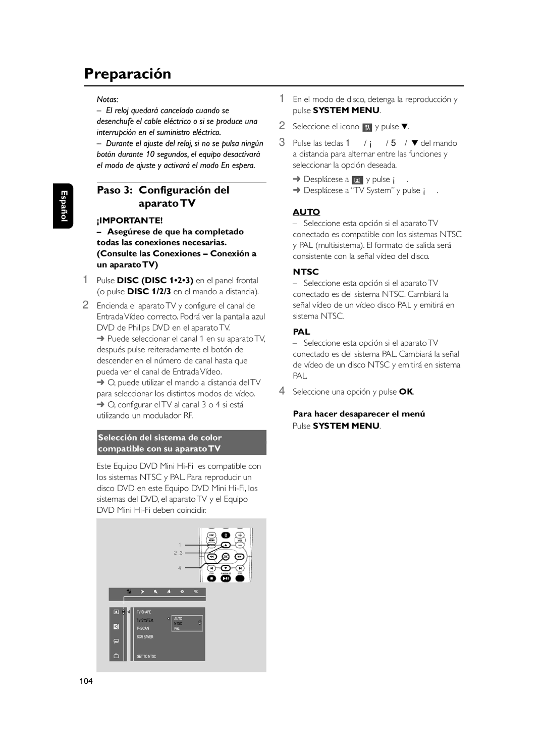 Philips FWD39 Paso 3 Configuración del aparato TV, Selección del sistema de color Compatible con su aparato TV, Auto, Ntsc 