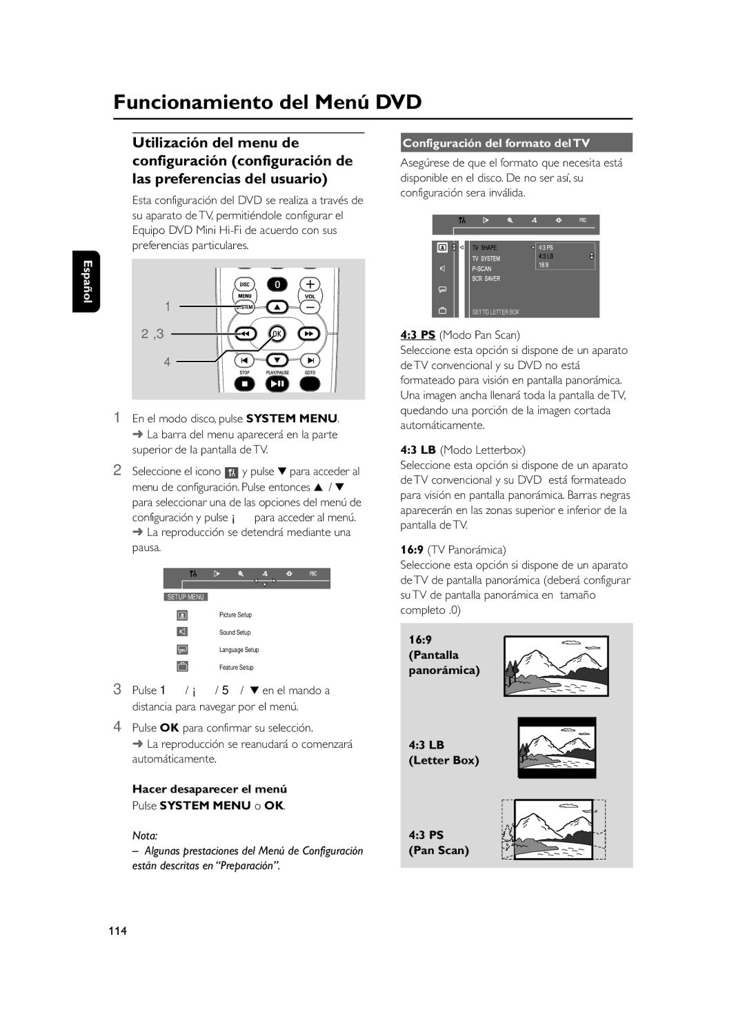 Philips FWD39 manual Hacer desaparecer el menú Pulse System Menu o OK, Configuración del formato del TV 