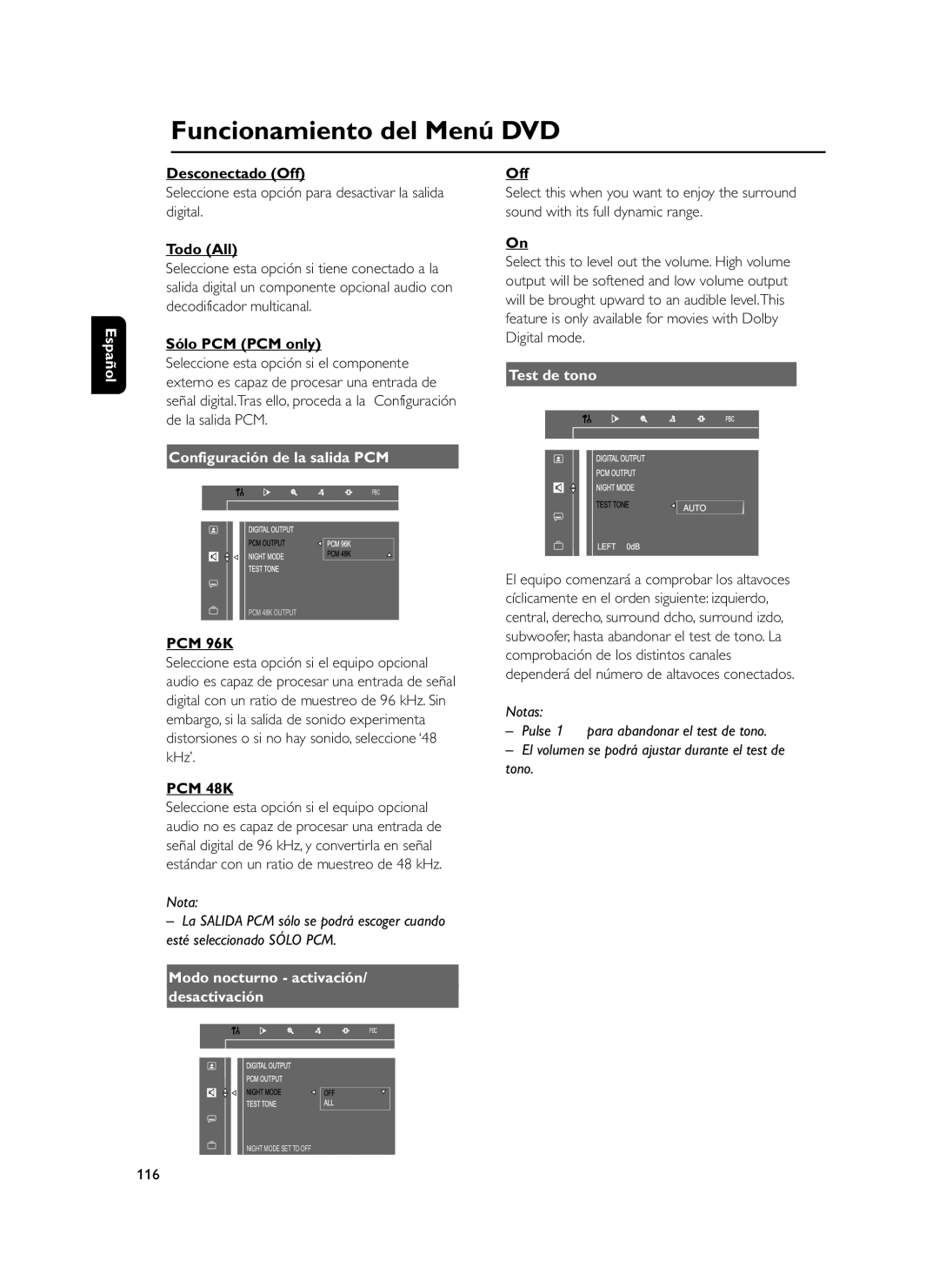 Philips FWD39 manual Configuración de la salida PCM, Test de tono, PCM 96K, PCM 48K, Modo nocturno activación Desactivación 