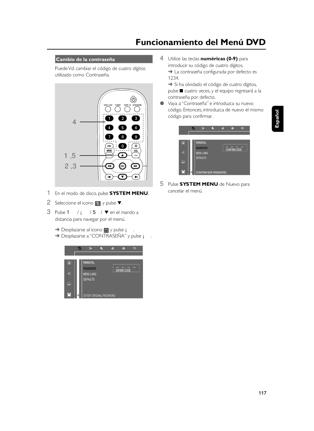 Philips FWD39 manual Cambio de la contraseña, La contraseña configurada por defecto es, 117 