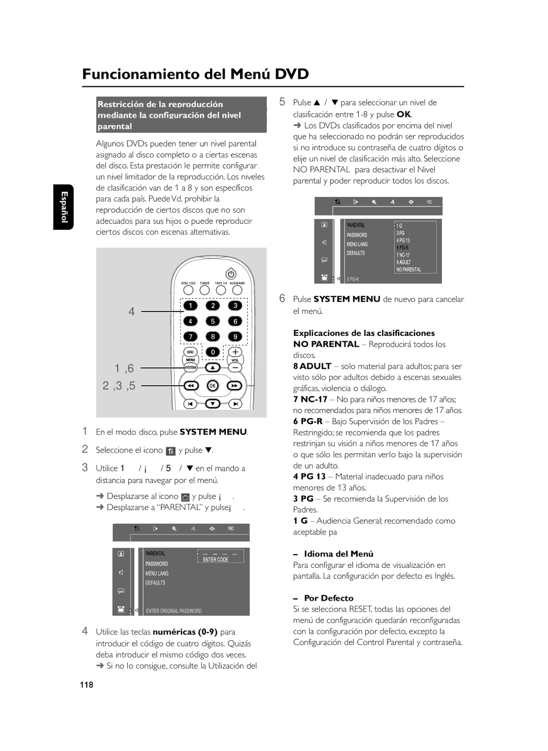 Philips FWD39 manual Idioma del Menú, Por Defecto, 118 