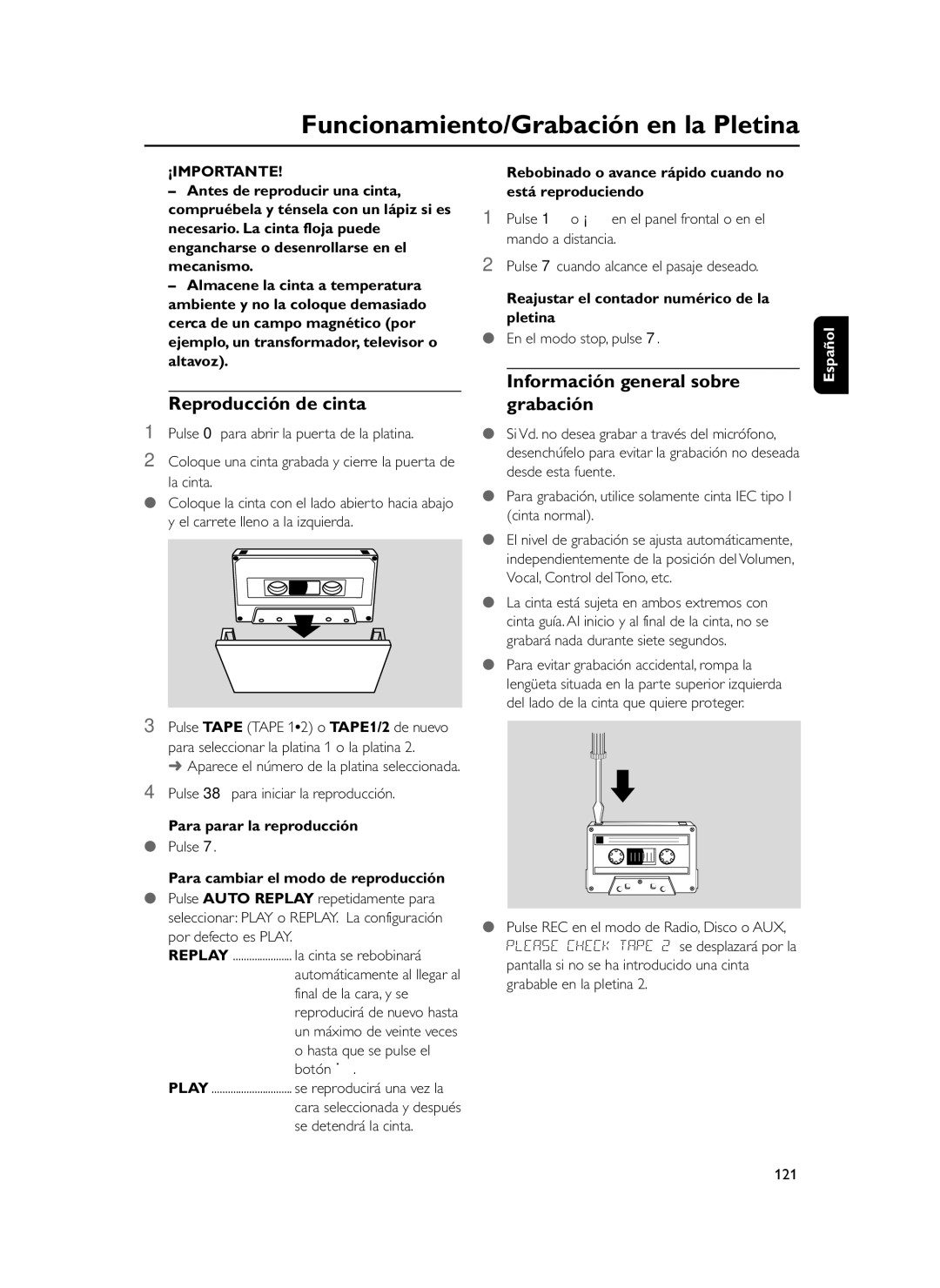 Philips FWD39 manual Funcionamiento/Grabación en la Pletina, Reproducción de cinta, Información general sobre grabación 