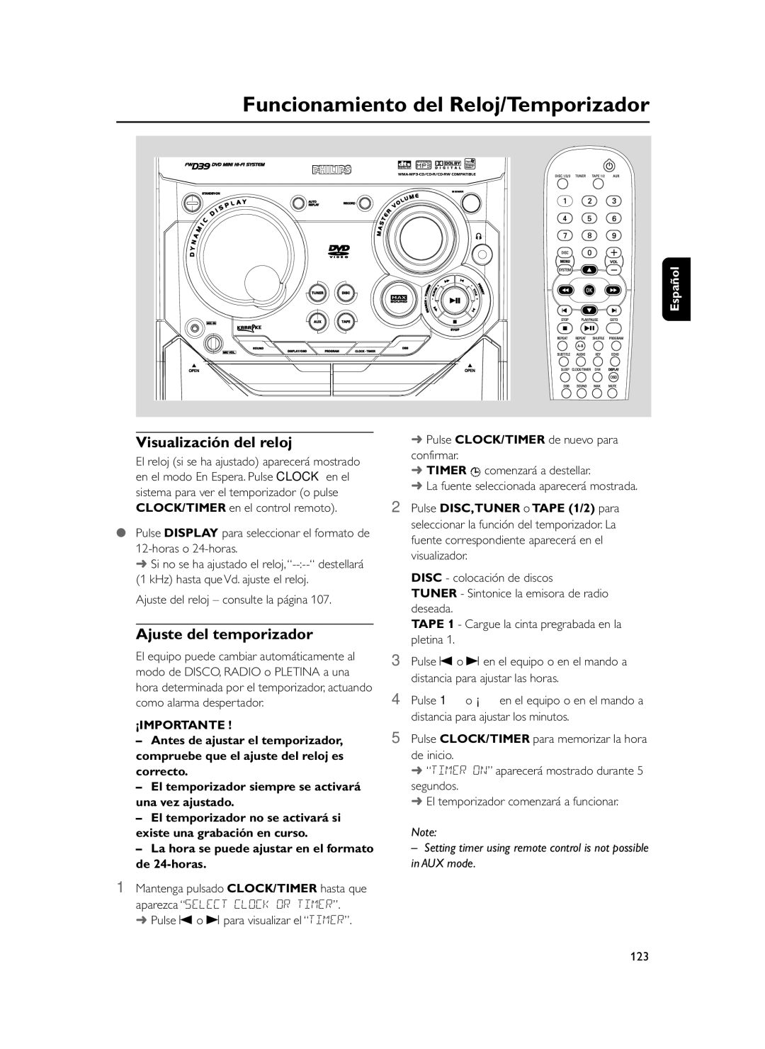 Philips FWD39 manual Funcionamiento del Reloj/Temporizador, Visualización del reloj, Ajuste del temporizador 