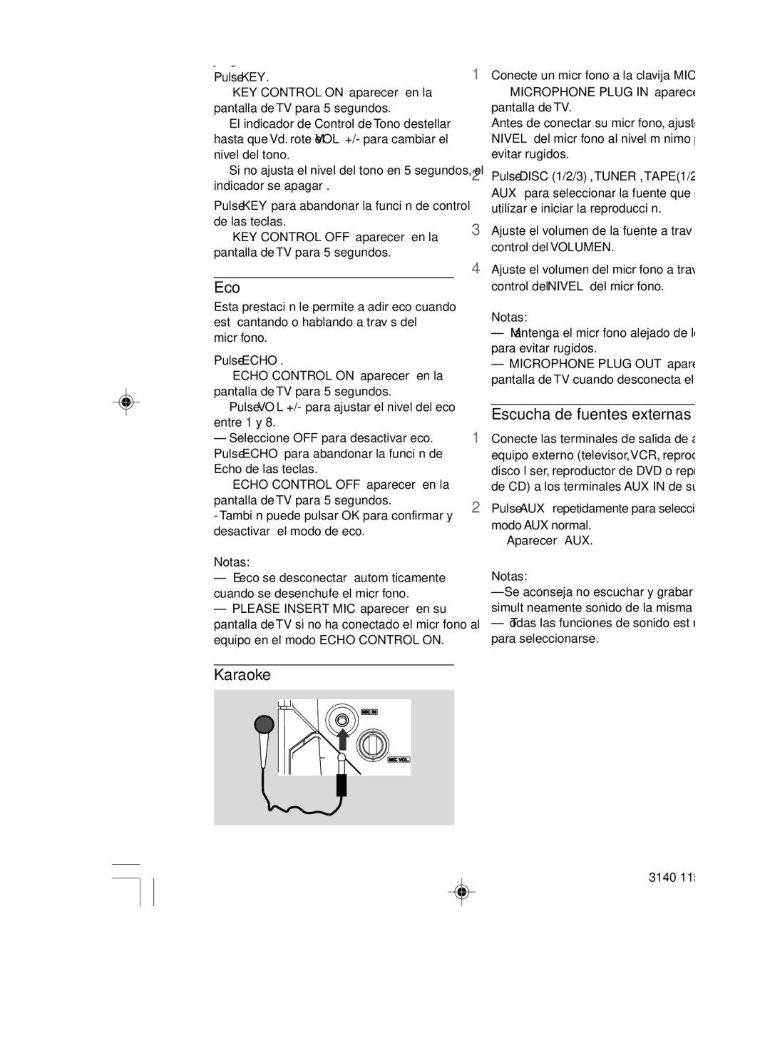 Philips FWD39 manual Control del tono, Eco, Escucha de fuentes externas, Karaoke 