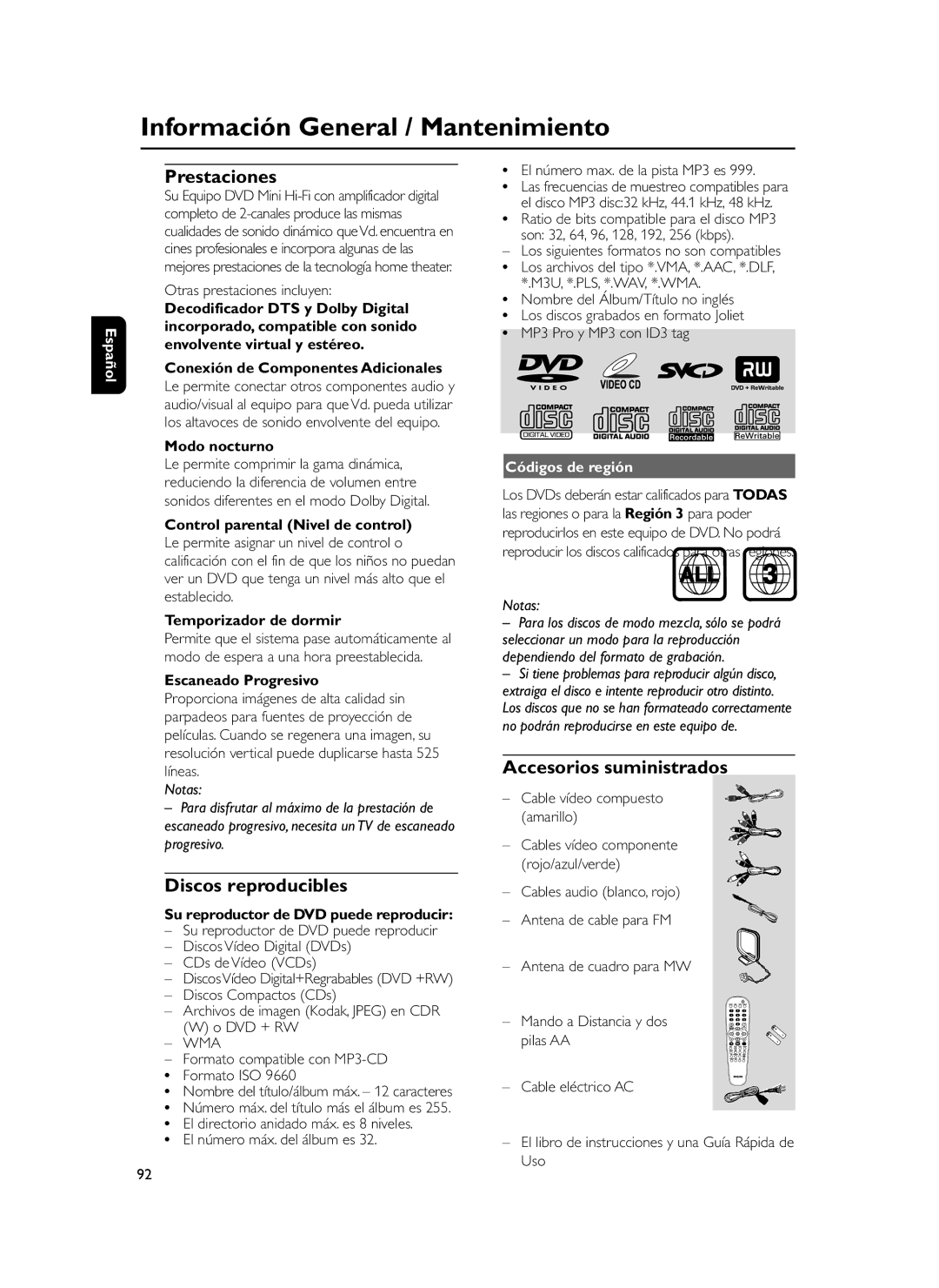 Philips FWD39 manual Información General / Mantenimiento, Prestaciones, Discos reproducibles, Accesorios suministrados 