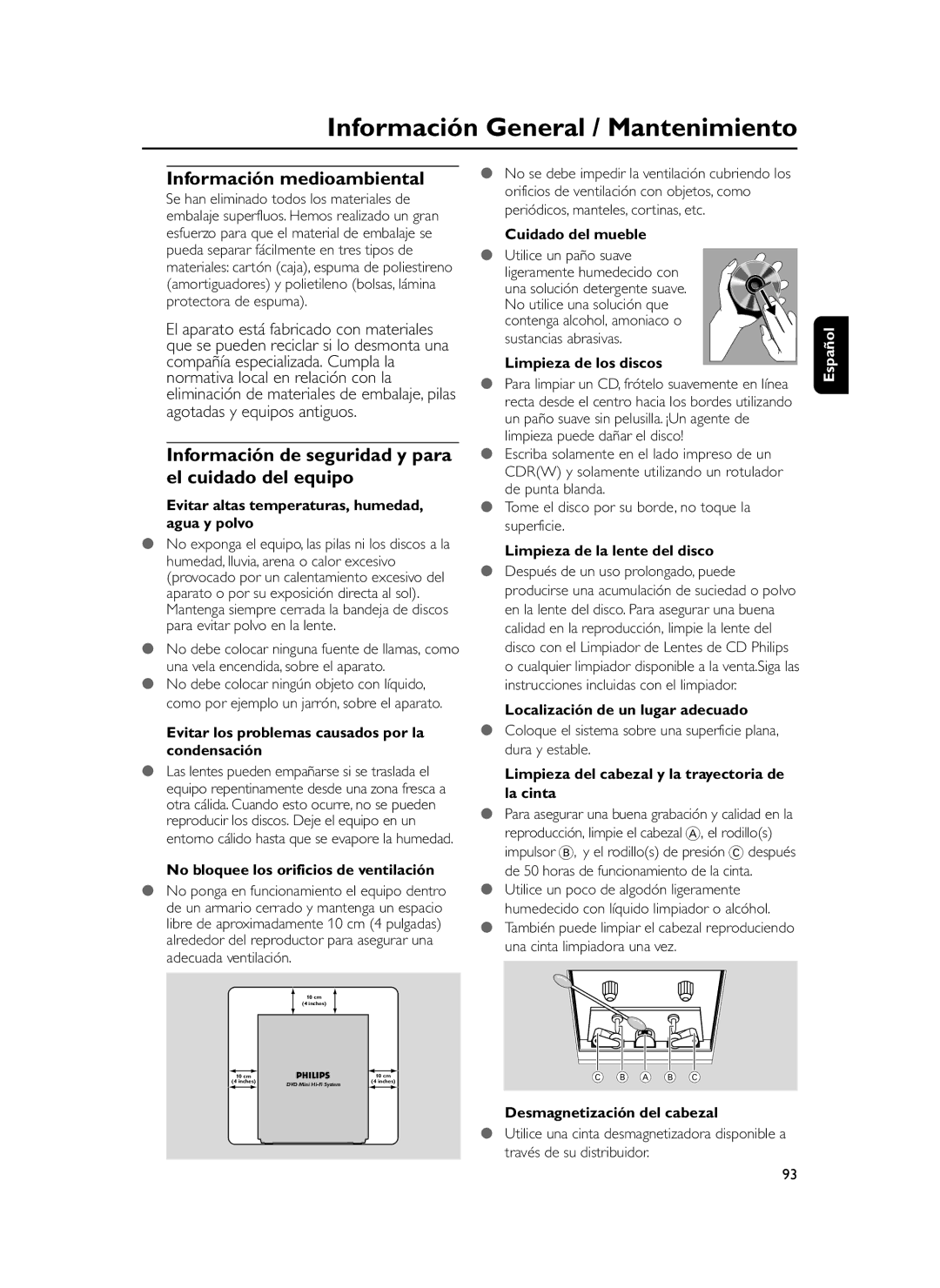 Philips FWD39 manual Información medioambiental, Información de seguridad y para el cuidado del equipo 