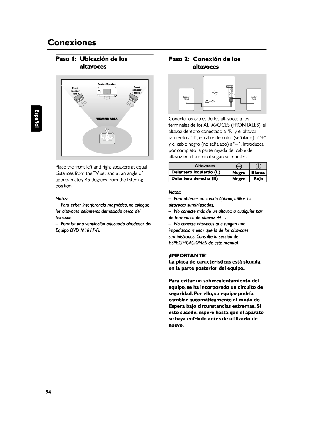 Philips FWD39 manual Conexiones, Paso 1 Ubicación de los, Paso 2 Conexión de los, altavoces, ¡Importante, Español, Notas 