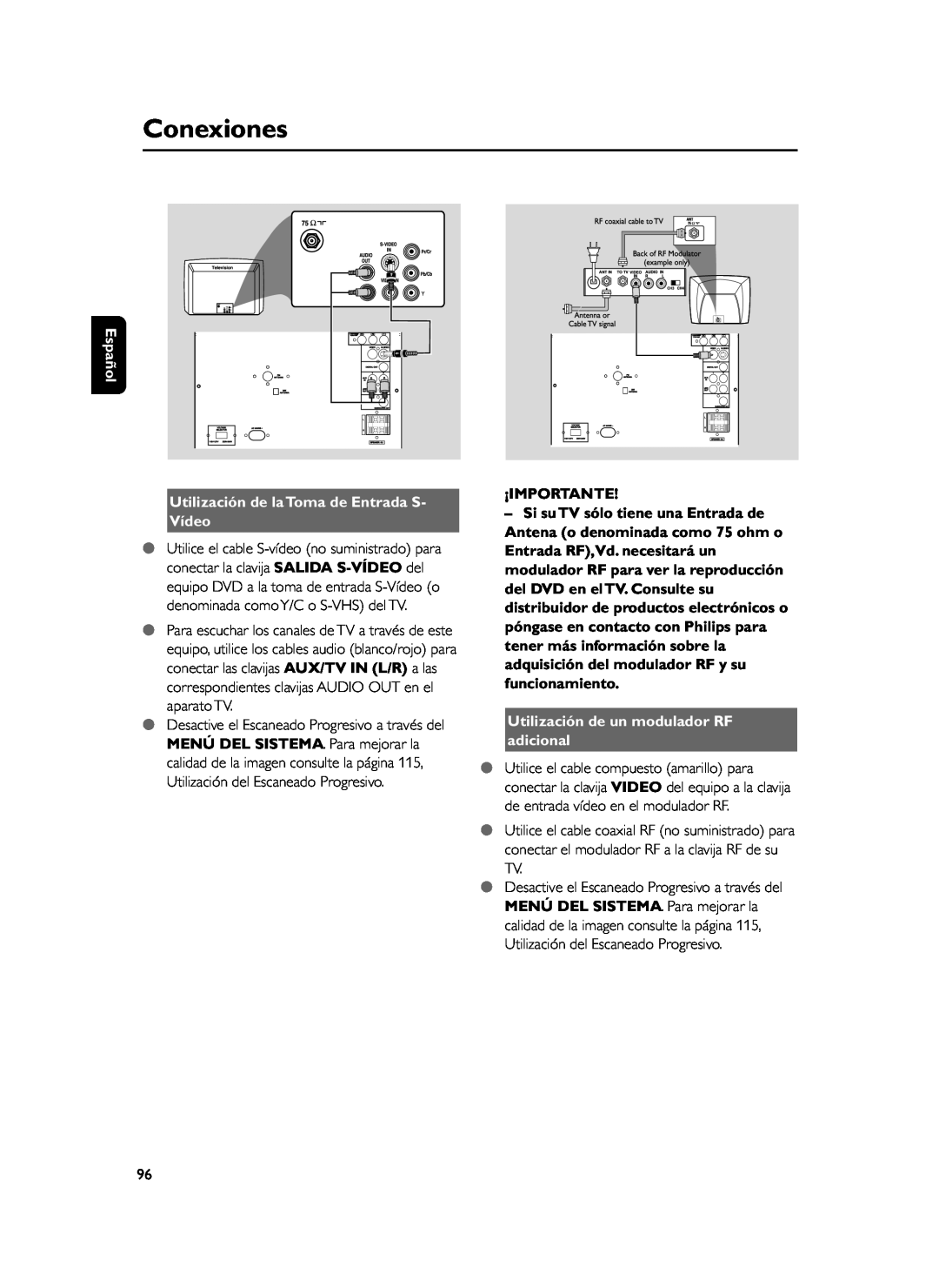 Philips FWD39 manual Utilización de la Toma de Entrada S Vídeo, ¡IMPORTANTE -Si su TV sólo tiene una Entrada de, Conexiones 