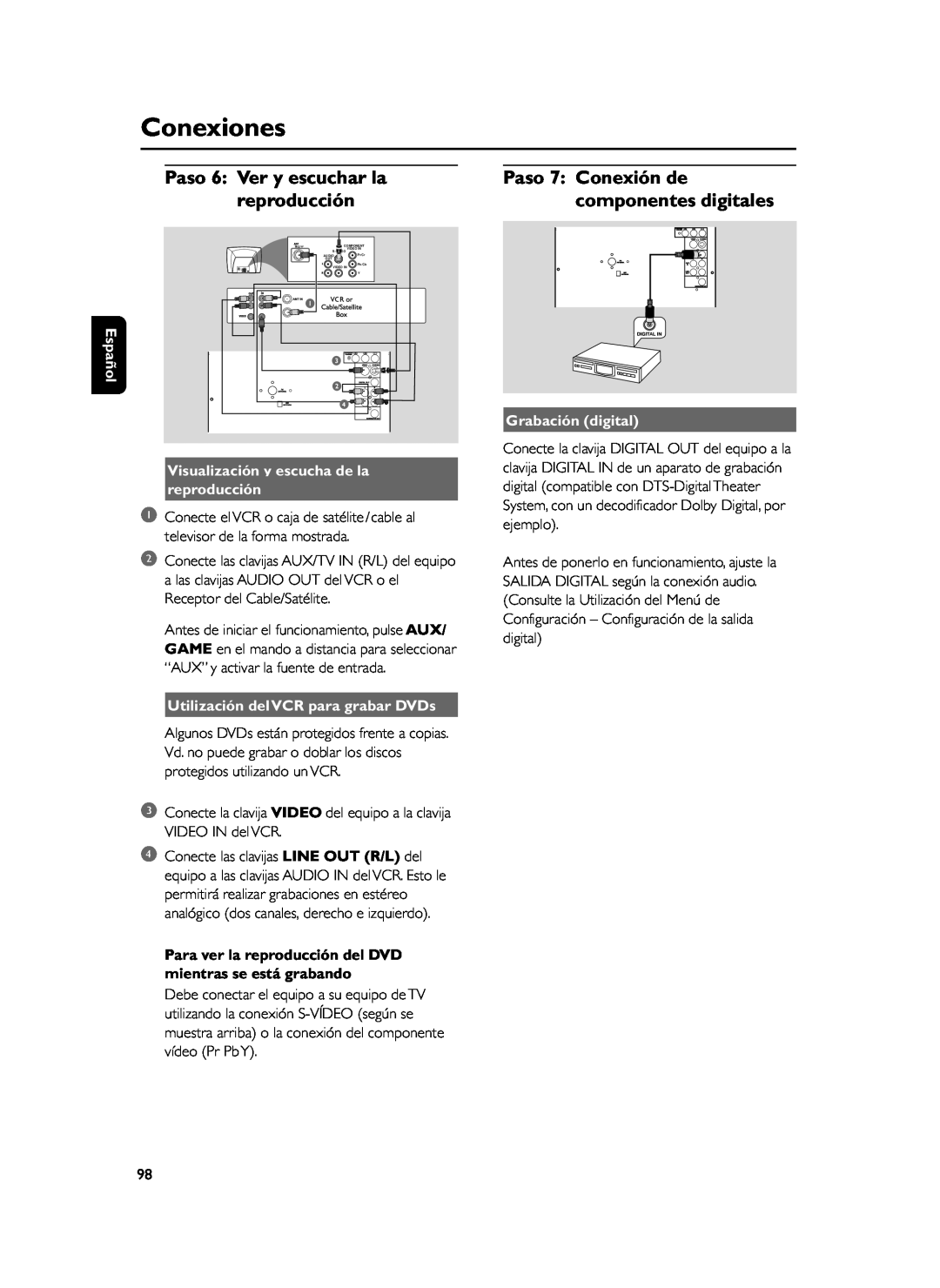 Philips FWD39 manual reproducción, Paso 7 Conexión de componentes digitales, Paso 6 Ver y escuchar la, Grabación digital 