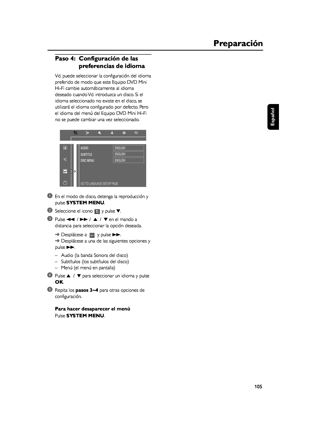 Philips FWD39 manual Preparación, 2Seleccione el icono y pulse, Para hacer desaparecer el menú Pulse SYSTEM MENU, Español 