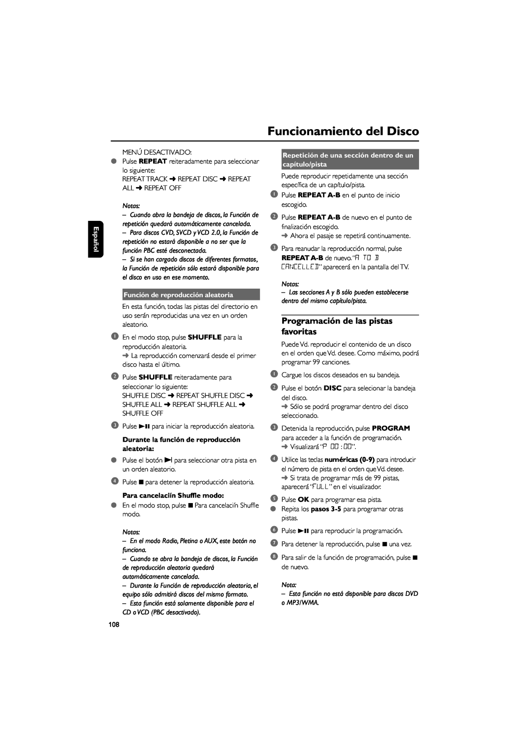 Philips FWD39 manual Función de reproducción aleatoria, Durante la función de reproducción aleatoria, Español, Notas 