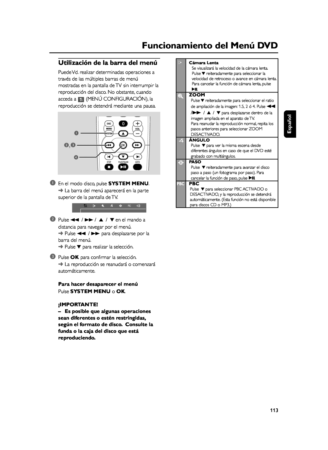 Philips FWD39 manual Funcionamiento del Menú DVD, Utilización de la barra del menú, 1 2,3, Español, ¡Importante 