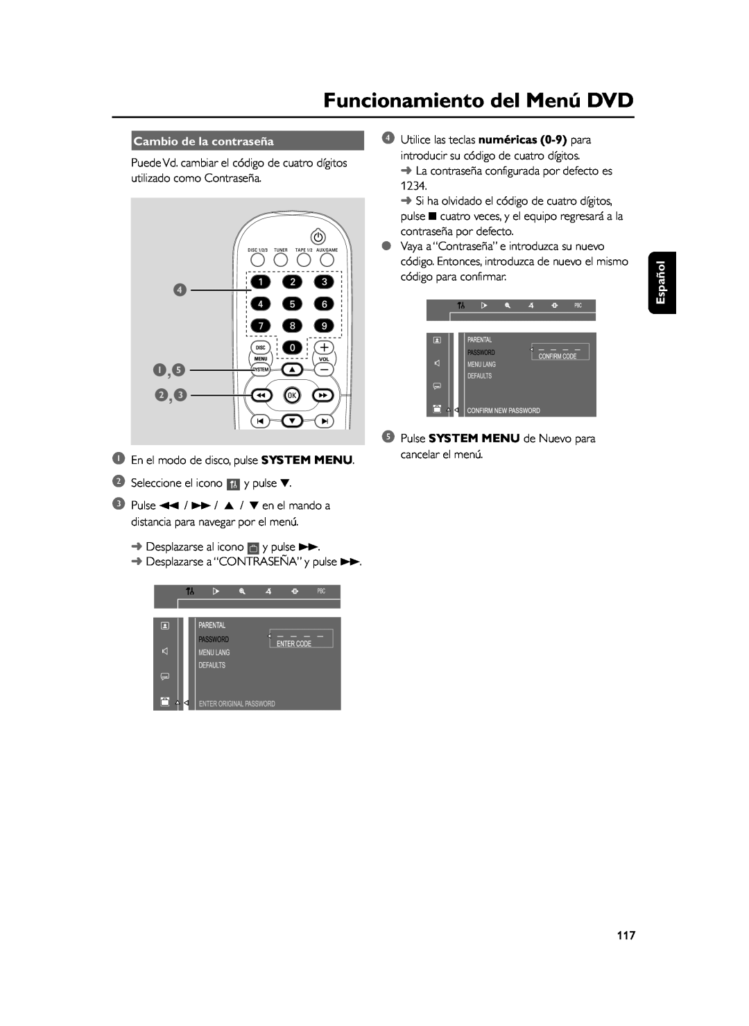 Philips FWD39 manual 4 1,5 2,3, Cambio de la contraseña, Funcionamiento del Menú DVD, Español 