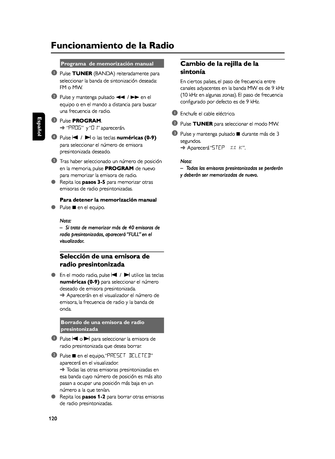 Philips FWD39 manual Selección de una emisora de radio presintonizada, Cambio de la rejilla de la sintonía, Español, Nota 