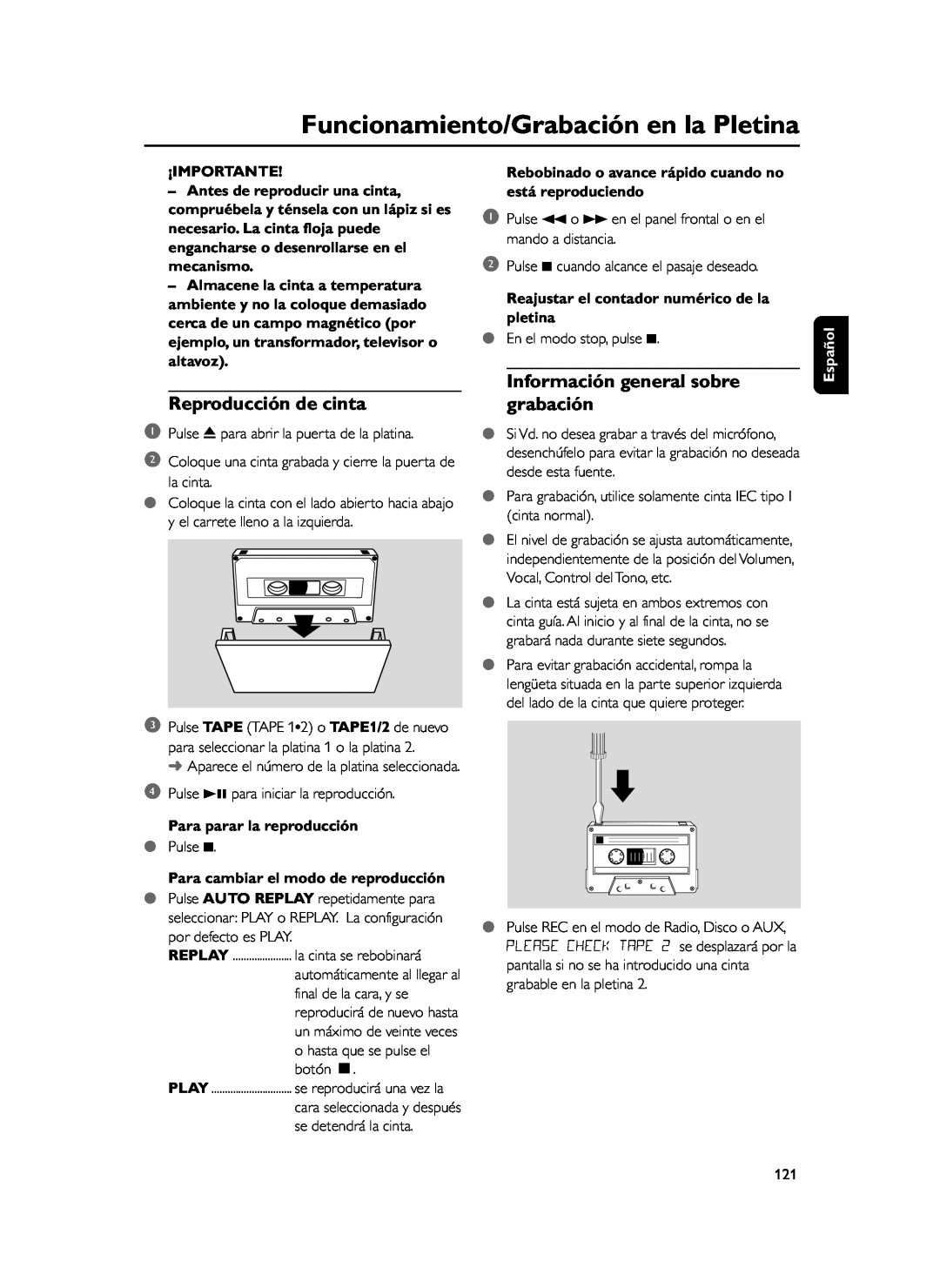 Philips FWD39 Funcionamiento/Grabación en la Pletina, Reproducción de cinta, Información general sobre grabación, Español 
