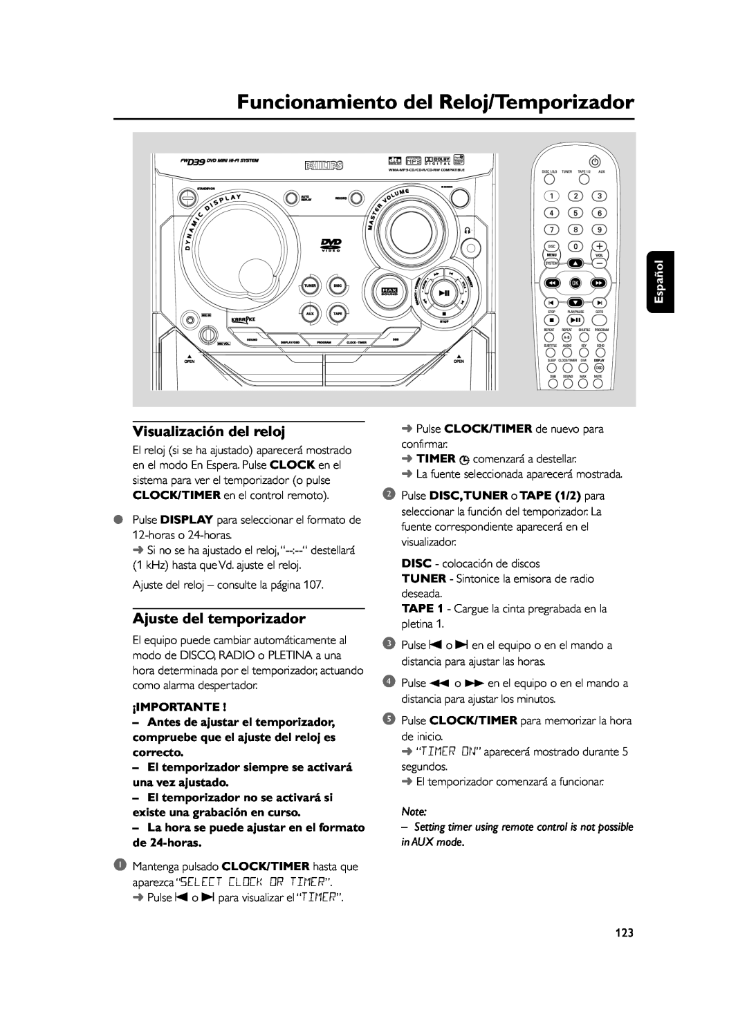Philips FWD39 manual Funcionamiento del Reloj/Temporizador, Visualización del reloj, Ajuste del temporizador, ¡Importante 