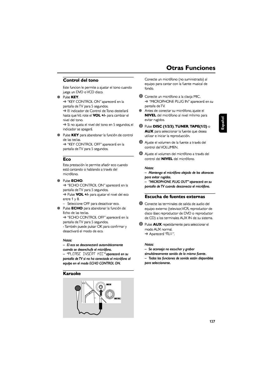 Philips FWD39 manual Control del tono, Escucha de fuentes externas, Karaoke, Otras Funciones, Notas, Español 