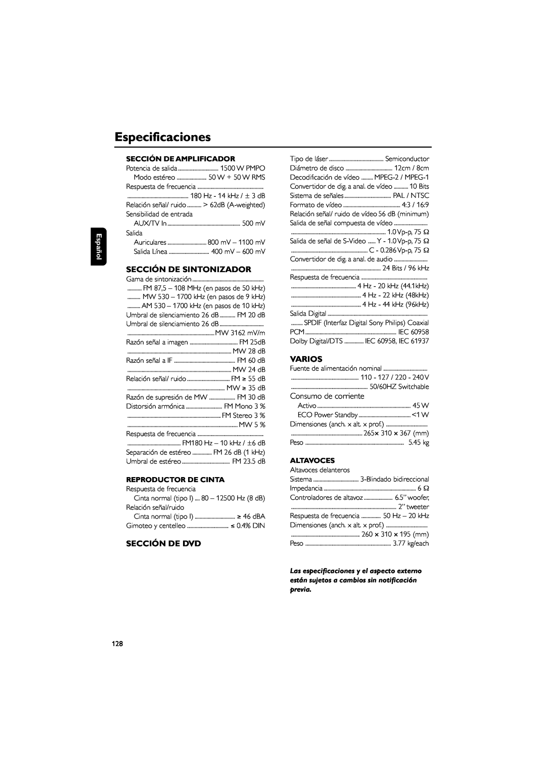 Philips FWD39 manual Especificaciones, Sección De Sintonizador, Sección De Dvd, Varios, Sección De Amplificador, Altavoces 