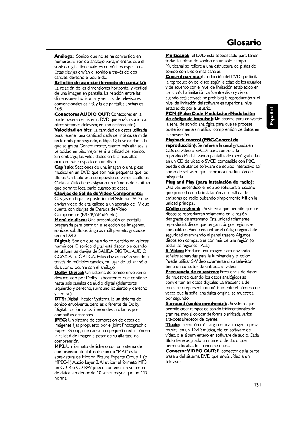 Philips FWD39 manual Glosario, Español 