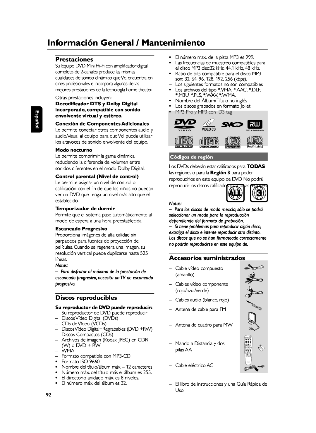 Philips FWD39 Información General / Mantenimiento, Prestaciones, Discos reproducibles, Accesorios suministrados, Notas 